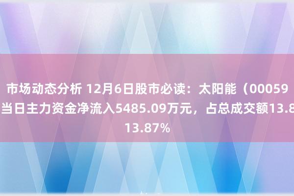 市场动态分析 12月6日股市必读：太阳能（000591）当日主力资金净流入5485.09万元，占总成交额13.87%